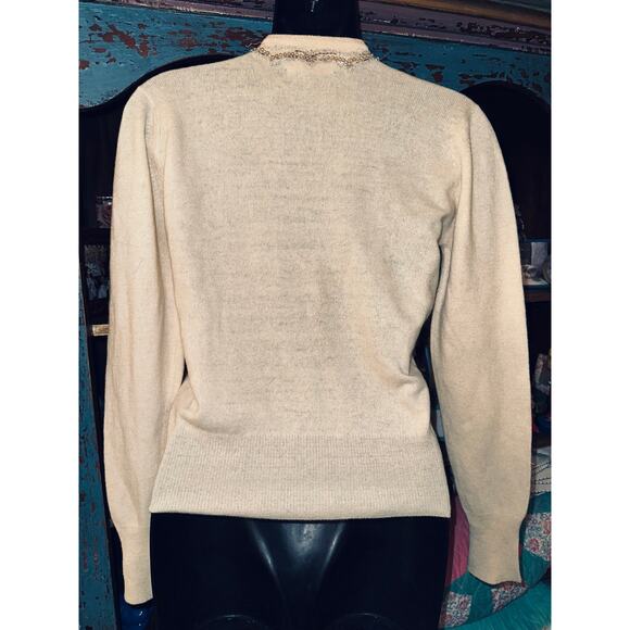 VINTAGE 50'S 60'S BONNIE BRIAR 100% CASHMERE BEADED PEARLS CARDIGAN SWEATER - Picture 2 of 11